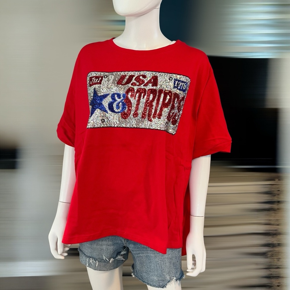 FANTASTIC FAWN Red USA Stars & Stripes Women's oversized Top S M L - Picture 5 of 8